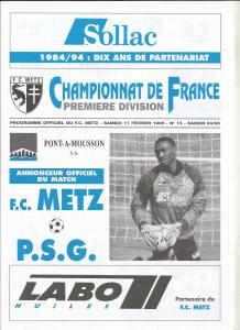 1995-02-11 : FCM – PSG 1994/95 – programme en pdf + feuille d’arbitrage